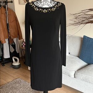 Vince Camuto Black Dress with Gold Floral Accents